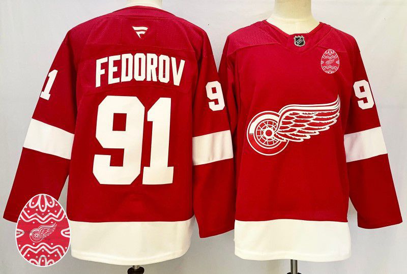 Men Detroit Red Wings #91 Fedorov Red Fanatics 2025 NHL Jersey style 1